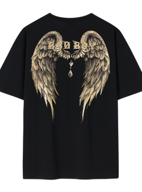 BOY黑金色短袖T恤潮牌男女同款印花圆领潮流上衣天使翅膀
