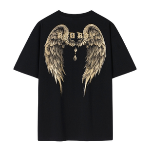 Boy's黑金色短袖T恤潮牌男女同款印花圆领潮流上衣天使翅膀