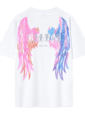 BOY白彩虹潮牌男女同款印花圆领潮流上衣天使翅膀短袖T恤