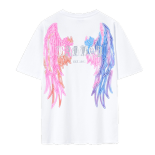 Boy's白彩虹潮牌男女同款印花圆领潮流上衣天使翅膀短袖T恤