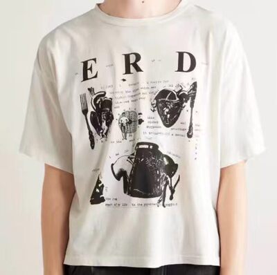 erd25ss忧郁富二代复古战争中的角色水洗印花落肩褪色白圆领短袖