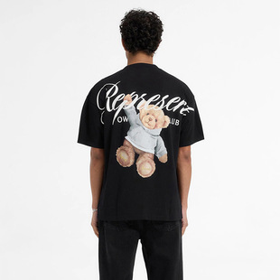 Represent卡通泰迪熊草写字母logo印花高街潮牌男女宽松短袖 T恤