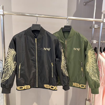 Boy's潮牌飞行员夹克男女情侣款字母翅膀刺绣棒球服外套