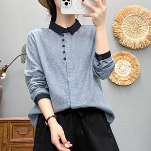 翻领宽松休闲百搭衬衣上衣潮 女长袖 春秋新款 全棉棉纱格子衬衫