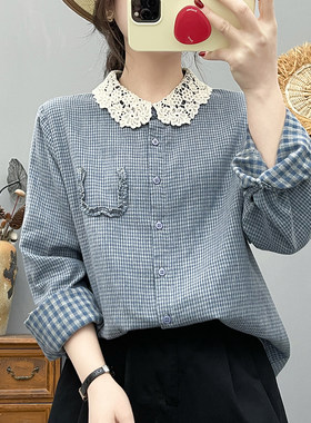 春秋新款全棉蕾丝花边领长袖衬衫