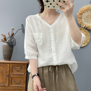苎麻V领中袖衬衫女夏季薄款凉爽透气纯麻上衣复古文艺五分袖衬衣