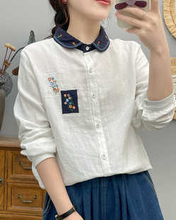 复古文艺百搭上衣 新款 全棉双层棉纱娃娃领刺绣拼色格子衬衫 春季