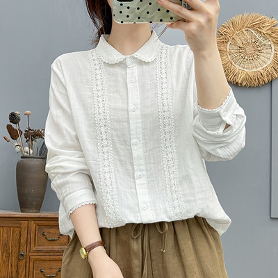春秋新款全棉蕾丝花边长袖衬衫女