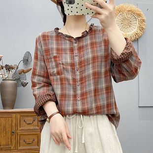 春秋新款全棉格子衬衫女长袖宽松休闲百搭衬衣文艺复古打底衫上衣