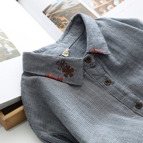 长袖双层棉纱小格子长袖衬衫休闲