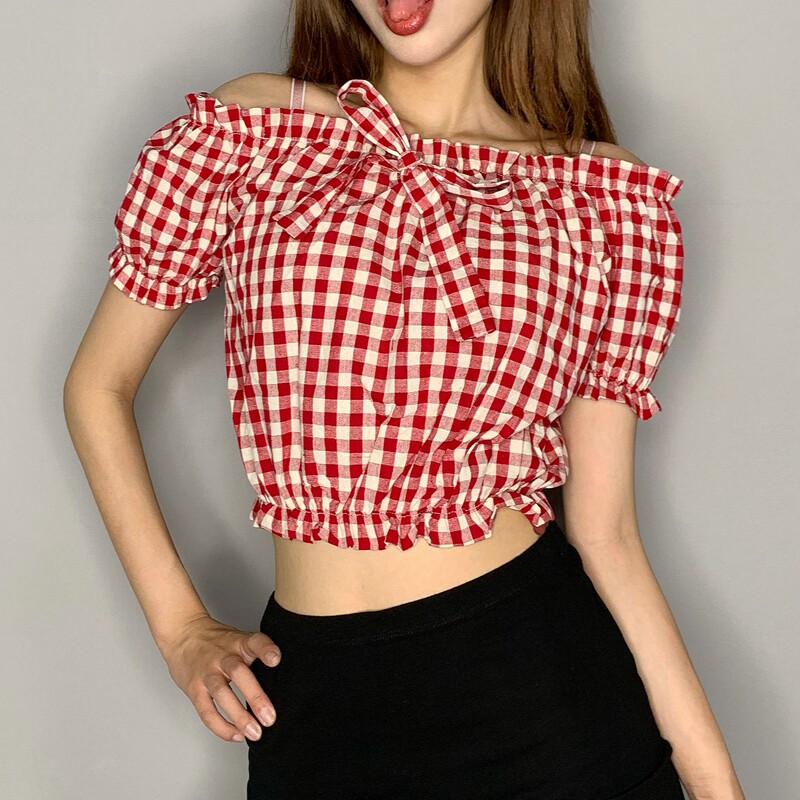 flashing法式泡泡袖性感一字肩胸前系带蝴蝶结衬衫露腰短款上衣女