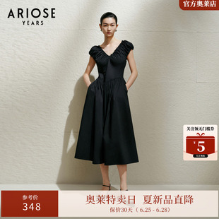 艾诺丝雅诗 新疆长绒棉收腰无袖抽褶V领露背连衣裙女夏季40519019