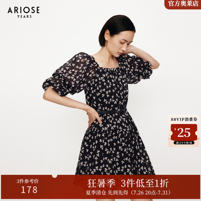 ARIOSEYEARS春纯棉简约泡泡袖休闲通勤碎花方领连衣裙女30729005