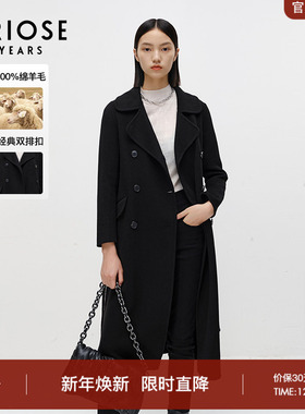 艾诺丝雅诗100%绵羊毛简约百搭中长款黑色双面呢大衣女冬11032327