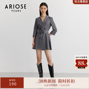 艾诺丝雅诗春新款西装裙双排扣腰带V领OL风连衣裙10229028