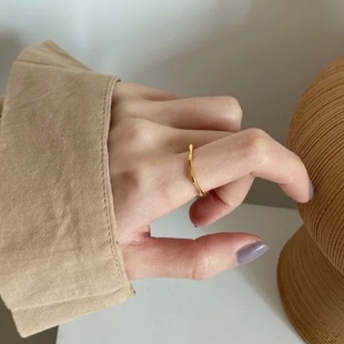 质感肌理手工锤碟凹凸纹理显手细闪钻简约混搭可水洗金色戒指复古