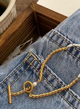 法式复古天然珍珠手链金属麻花