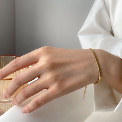欧美博主同款气质通勤18K包金色宽细亮蛇骨扁手链叠戴简约极简潮