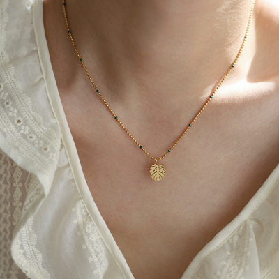 立体感潮热带雨林棕榈叶绿植小清新叶子项链不掉色钛钢叠戴锁骨链