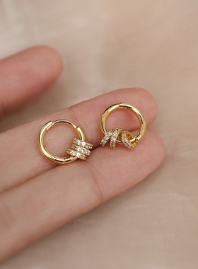 叠叠不休～多种戴法韩式复古风高级小众镶钻小圆环耳环质感大方