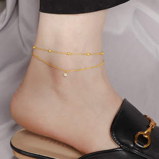 洗澡可戴轻奢高级感水晶球球双层脚链女新款 潮性感足链质感金色潮