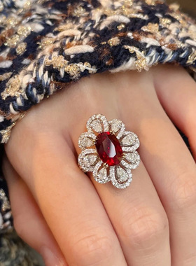 原创显白出口复古vintage古董款镀18k金人工再生鸽血红宝石戒指女