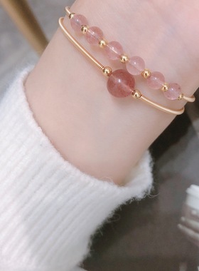 花枝包金双层森系粉水晶ins手环