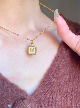 中古白色贝母蝴蝶小方块项链