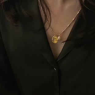 小众设计感不规则幸运18K金颈链复古高级金色圆牌金币中长款项链
