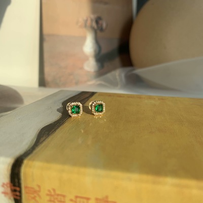 高级祖母绿复古925银针耳环网红