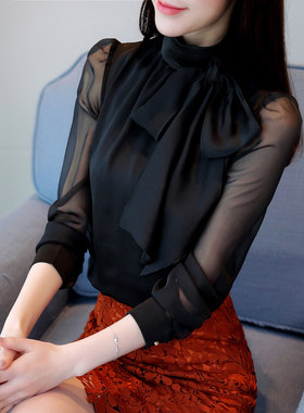 雪纺衫女长袖2019新款春秋韩版洋气超仙女百搭显瘦气质系带上衣7h
