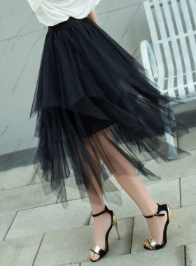 春秋新款修身显瘦不规则仙女蓬蓬裙中长款网纱半身裙a字1936b