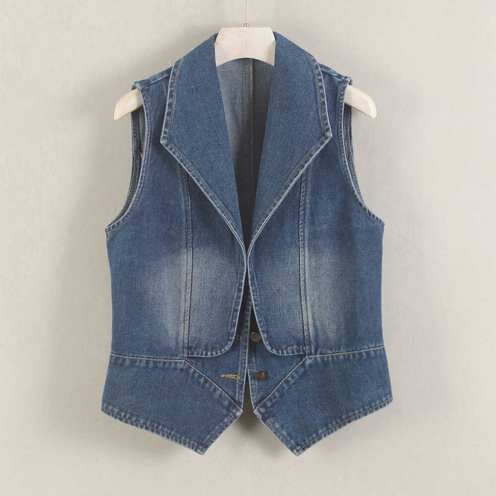 修身短款牛仔马甲西装领