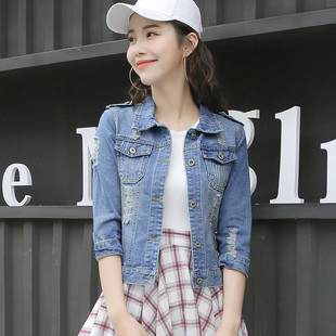 牛仔外套女短款修身韩版潮显瘦学生七分袖春秋牛仔服上衣肩宽36