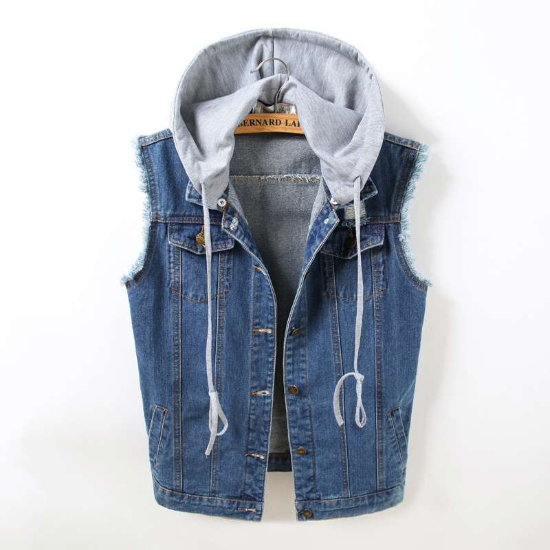 春秋韩版牛仔马甲女中长宽松新款无袖大码外套bf风背心新款带帽