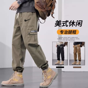耐克顿工装长裤男士秋季新款纯棉多口袋休闲裤束脚大码运动九分裤