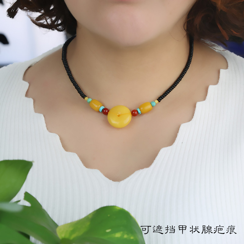 恒福隆天然蜜蜡平安扣小桶珠锁骨链手工编织遮甲状腺疤痕项链夏季
