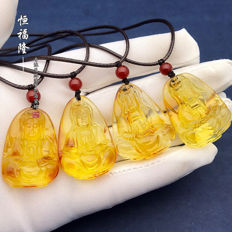 恒福隆天然琥珀观音吊坠小男女正品原矿鸡油黄金珀雕刻佛像锁骨链