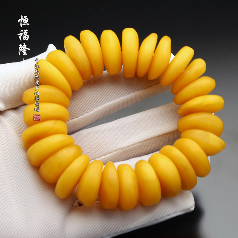 恒福隆老蜜蜡手串男士正品天然老鸡油黄琥珀饼子车轮算盘珠手链大