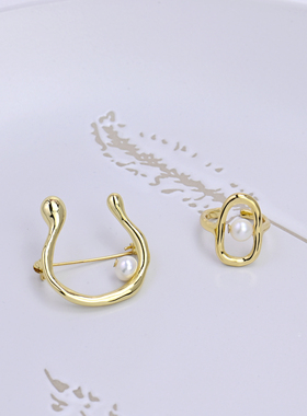 众轻奢金色珍珠开口指环胸针别针