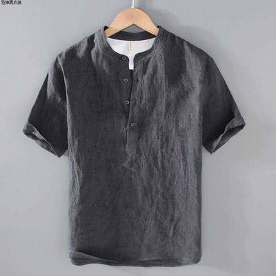 复古亚麻短袖t恤男薄款宽松夏季新款男士棉麻立领半袖上衣休闲潮