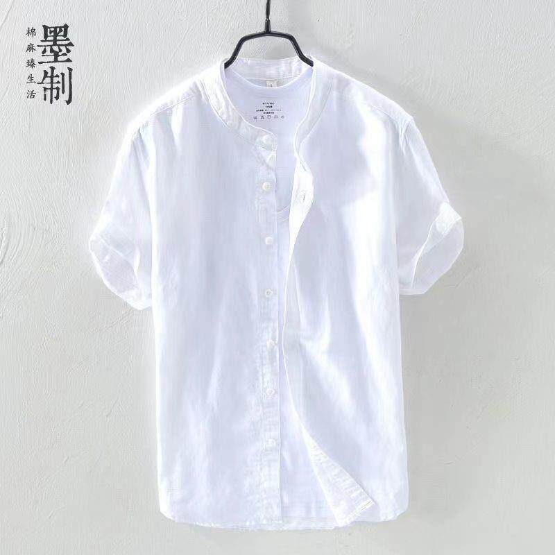 中国风立领亚麻衬衫男短袖棉麻衬衣夏季薄款宽松休闲麻料寸衫潮流