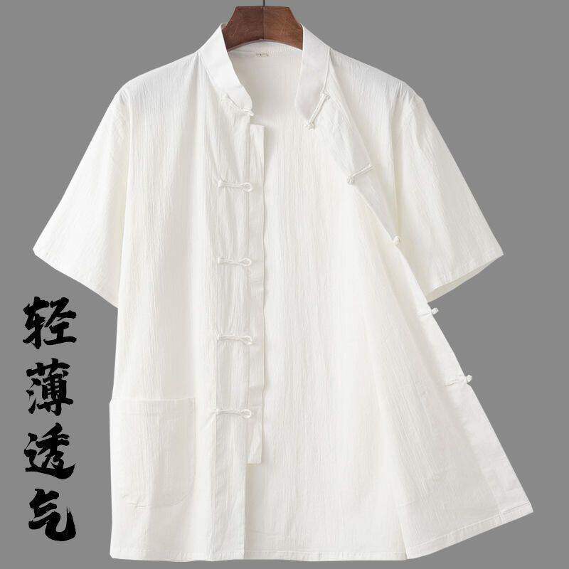 夏季轻薄中国风唐装男青年休闲亚麻弹力短袖盘扣中式衬衣衬衫茶服