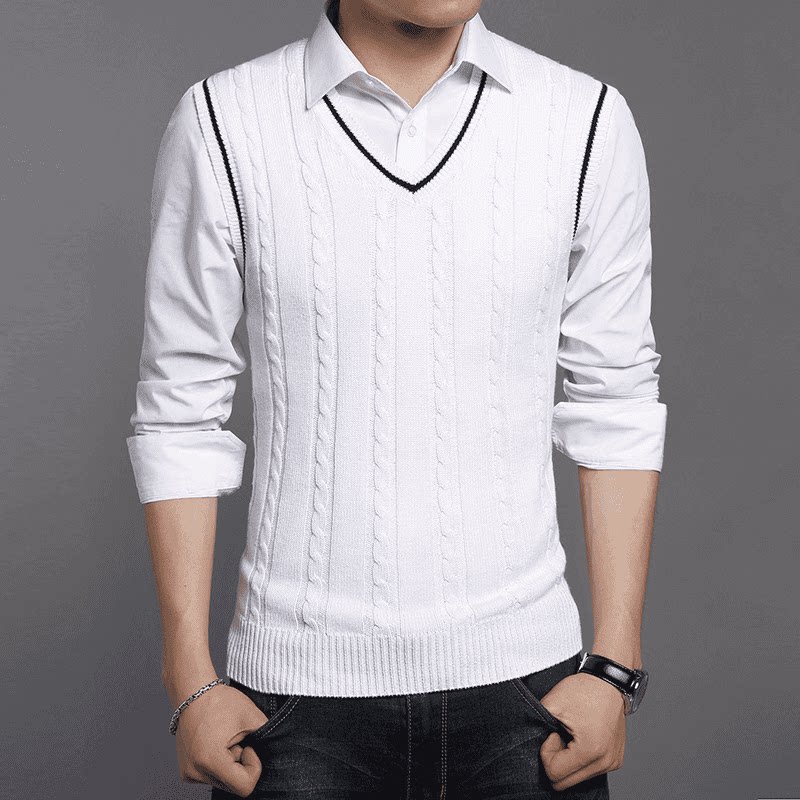 2026秋季青年男士领针织背心修身无袖套头毛衣纯色提花马甲
