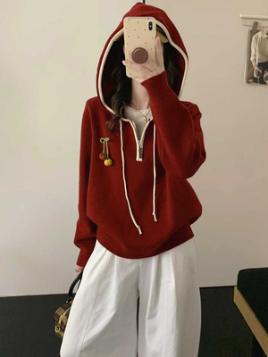 冬季半拉炼连帽红色毛衣女2025新款爆款内搭可外穿针织打底衫秋冬