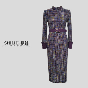 彩紫色粗花呢复古小香风轻奢显瘦长裙女装 连衣裙11490