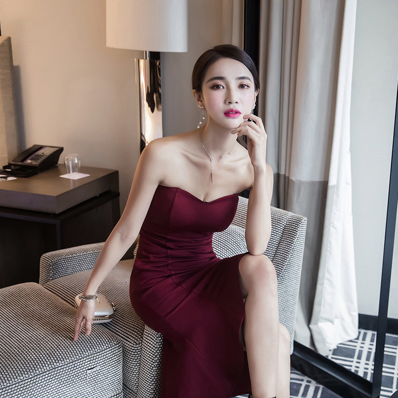 性感抹胸红色礼服连衣裙女夏季宴会气质一字肩生日party鱼尾裙子