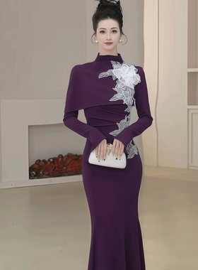 41135 紫色新中式复古改良旗袍连衣裙气质收腰包臀长裙子