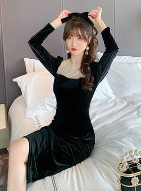 专柜正品断码黑色丝绒连衣裙女冬季新款赫本风收腰修打底晚礼服