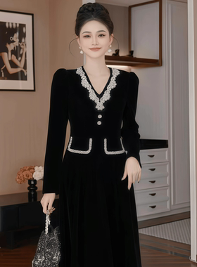 61355 小香风千金风亮钻丝绒连衣裙女高级感气质礼服裙